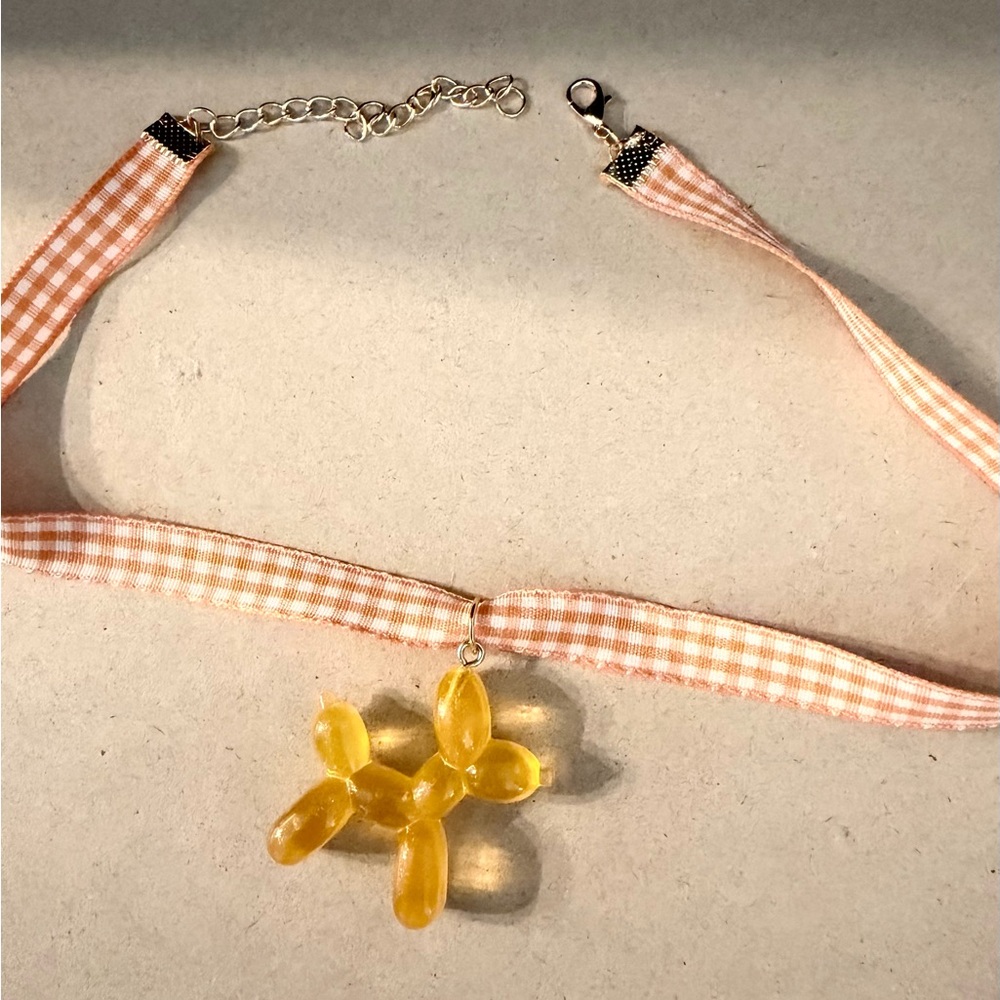Gingham Ribbon Choker with Orange Balloon Dog Pendant